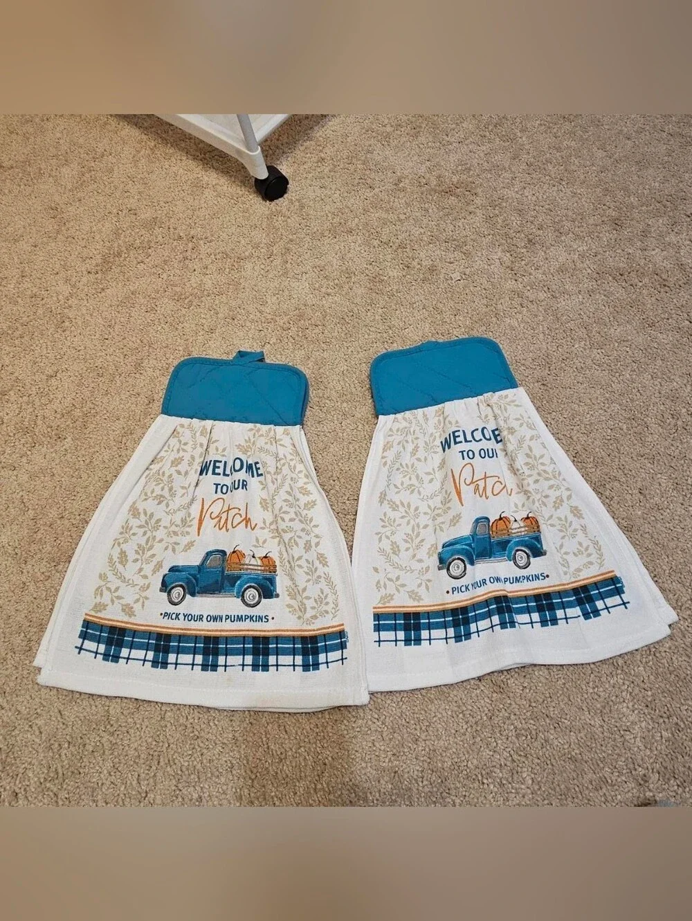 2 Handcrafted Potholders Attached To Towels | Blue, White, Orange, Tan | Pumpkin